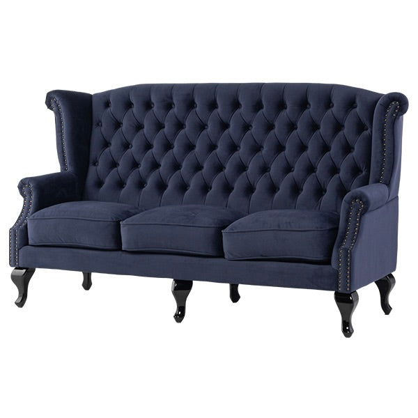 ロイヤルネイビーブルーファブリックチェスターフィールド3シーターウイングバックソファ