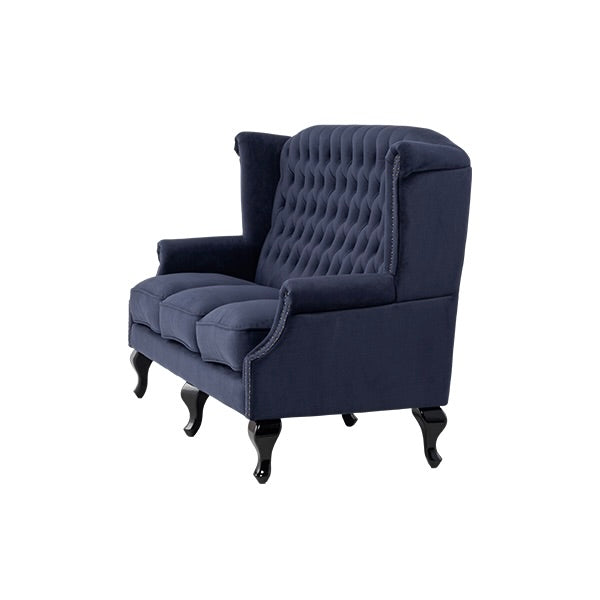 ロイヤルネイビーブルーファブリックチェスターフィールド3シーターウイングバックソファ