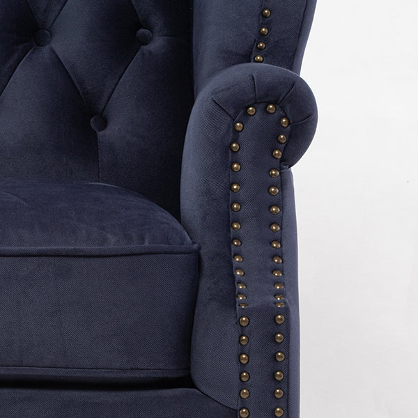 ロイヤルネイビーブルーファブリックチェスターフィールド3シーターウイングバックソファ