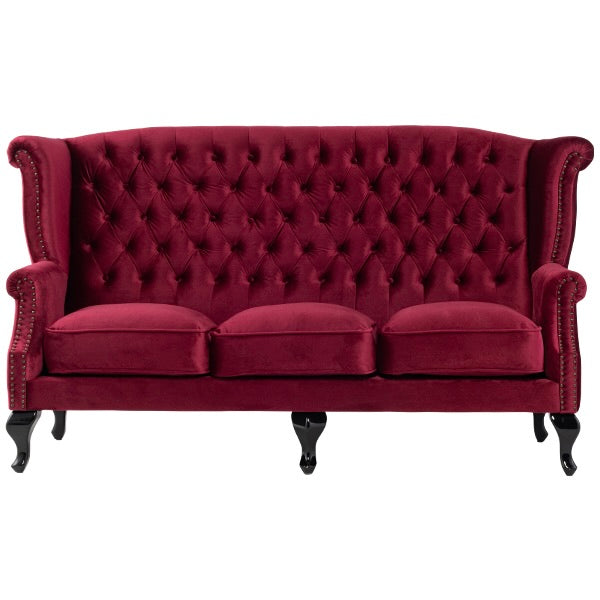 レッドベルベットチェスターフィールド3シーターウイングバックソファ