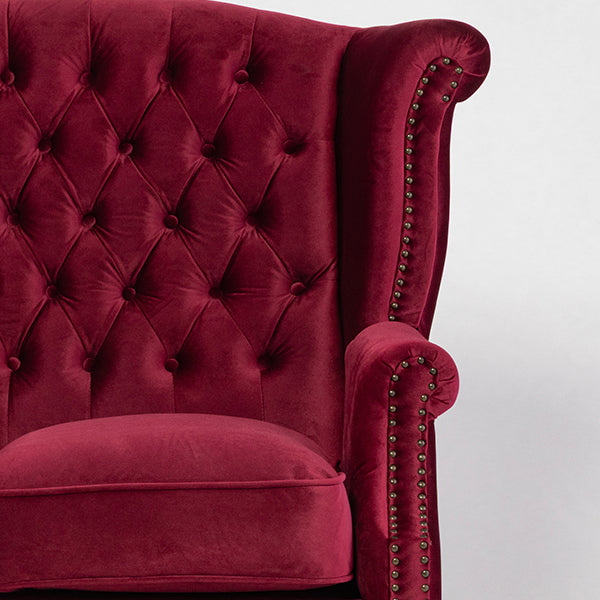 レッドベルベットチェスターフィールド3シーターウイングバックソファ