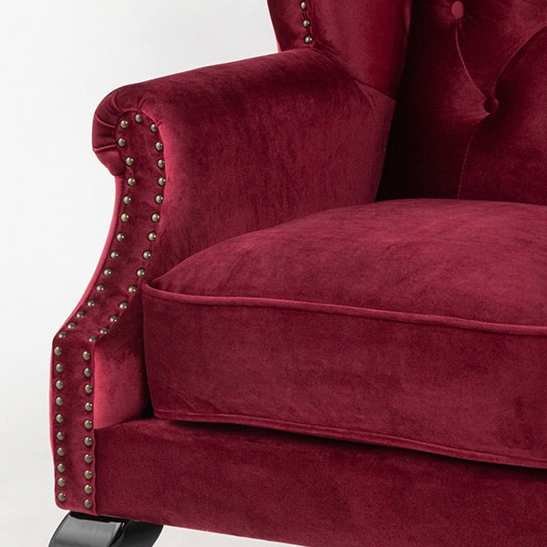 レッドベルベットチェスターフィールド3シーターウイングバックソファ