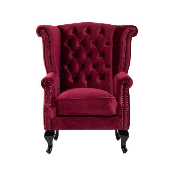 レッドベルベットチェスターフィールドウイングバックシングルソファ(アームチェア)