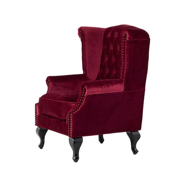 レッドベルベットチェスターフィールドウイングバックシングルソファ(アームチェア)