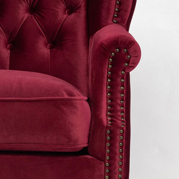 レッドベルベットチェスターフィールドウイングバックシングルソファ(アームチェア)