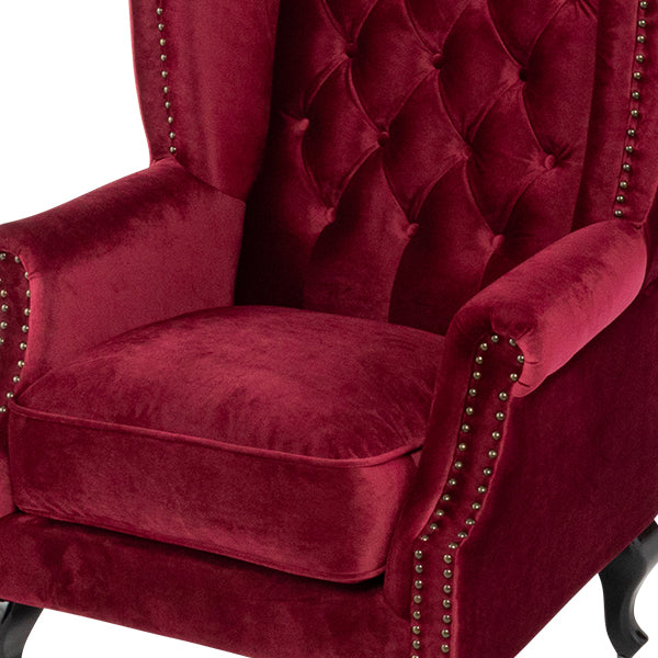 レッドベルベットチェスターフィールドウイングバックシングルソファ(アームチェア)