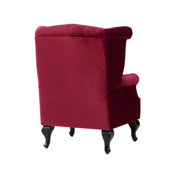 レッドベルベットチェスターフィールドウイングバックシングルソファ(アームチェア)