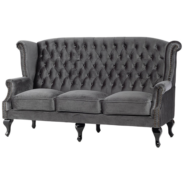 グレーベルベットチェスターフィールド3シーターウイングバックソファ