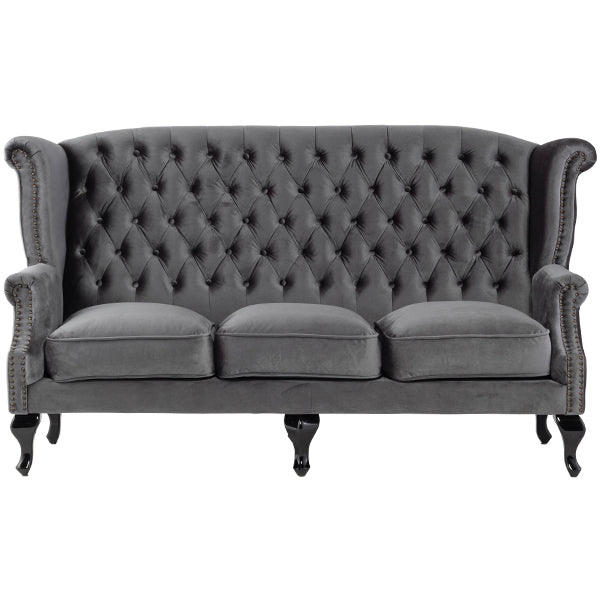 グレーベルベットチェスターフィールド3シーターウイングバックソファ