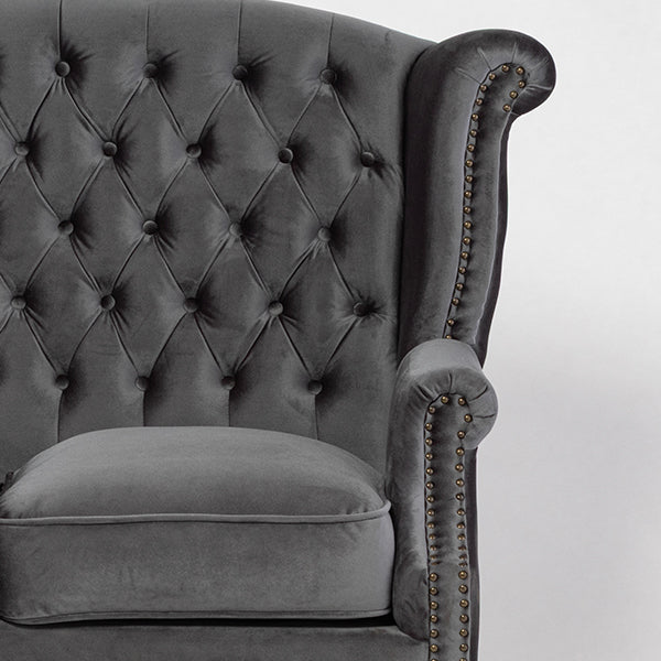 グレーベルベットチェスターフィールド3シーターウイングバックソファ