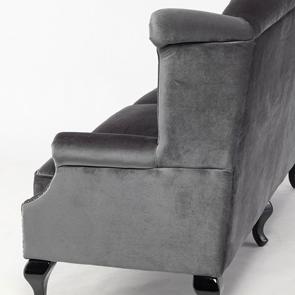 グレーベルベットチェスターフィールド3シーターウイングバックソファ