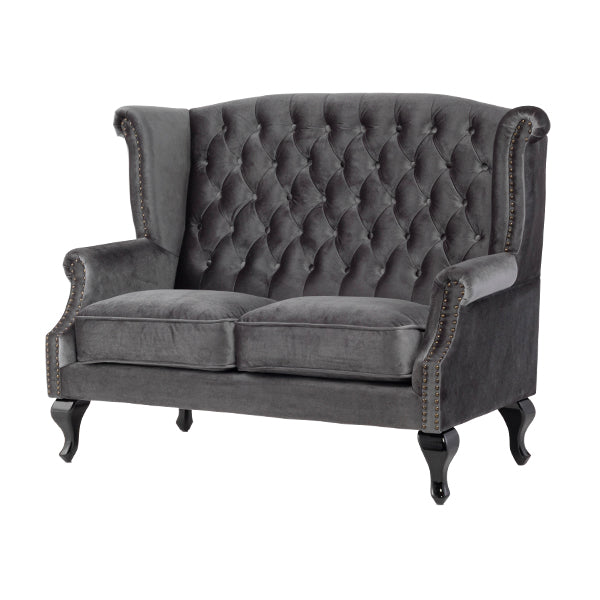 グレーベルベットチェスターフィールドウイングバックソファ