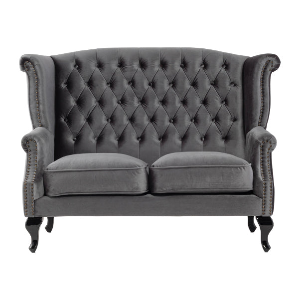 グレーベルベットチェスターフィールドウイングバックソファ