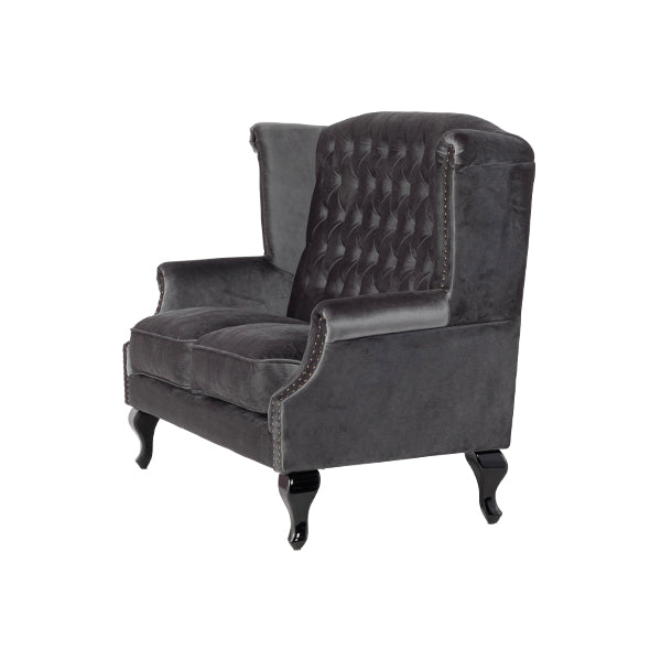 グレーベルベットチェスターフィールドウイングバックソファ