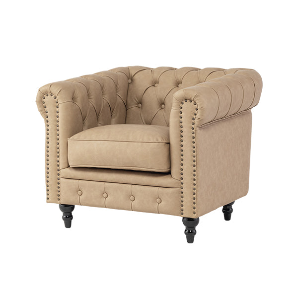 ベージュPUレザーコンパクトチェスターフィールドシングルソファ　VINCENT