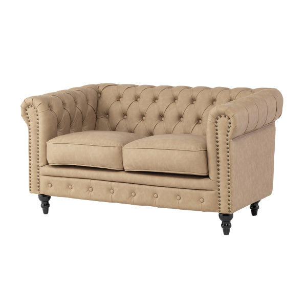 ベージュ PUレザーコンパクトチェスターフィールド2シーターソファ　VINCENT
