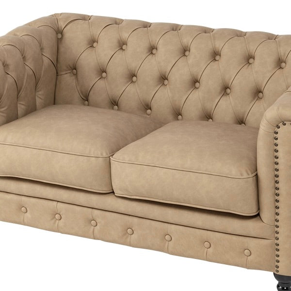 ベージュ PUレザーコンパクトチェスターフィールド2シーターソファ　VINCENT