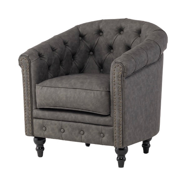 グレーPUレザーチェスターフィールドラウンジシングルソファ　VINCENT