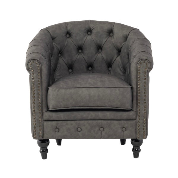 グレーPUレザーチェスターフィールドラウンジシングルソファ　VINCENT