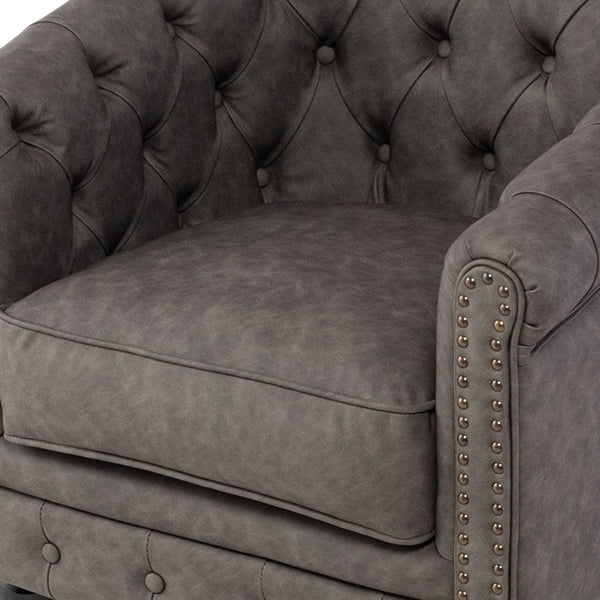 グレーPUレザーチェスターフィールドラウンジシングルソファ　VINCENT