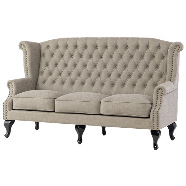 ライトグレーPUレザーチェスターフィールド3シーターウイングバックソファ