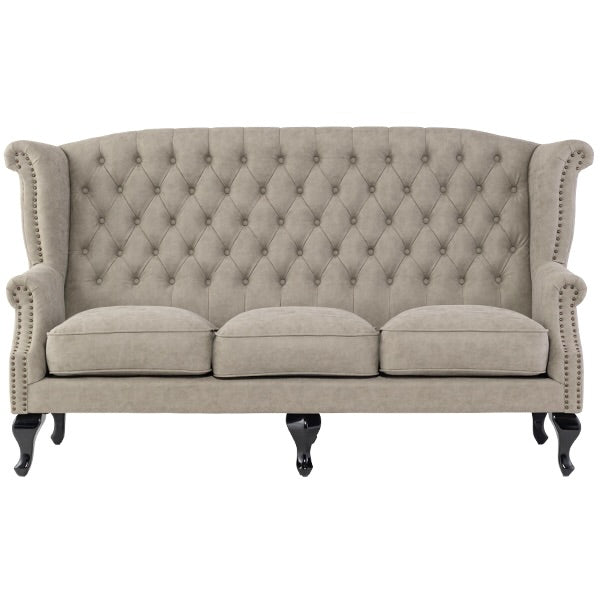 ライトグレーPUレザーチェスターフィールド3シーターウイングバックソファ