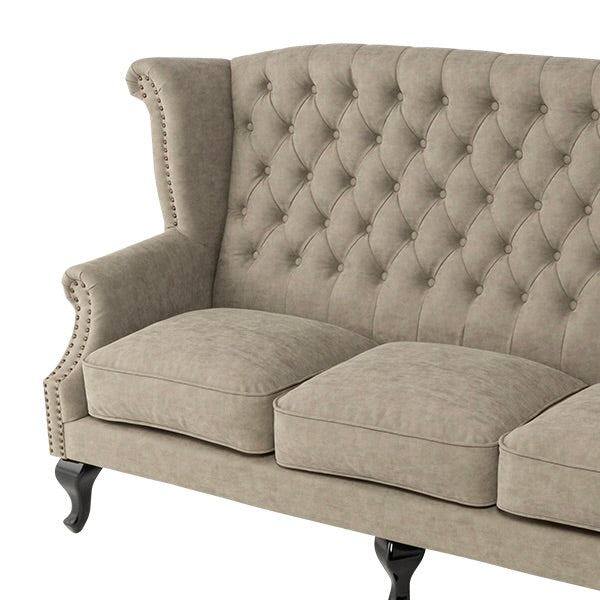 ライトグレーPUレザーチェスターフィールド3シーターウイングバックソファ