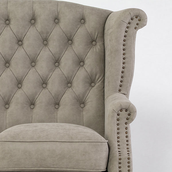 ライトグレーPUレザーチェスターフィールド3シーターウイングバックソファ