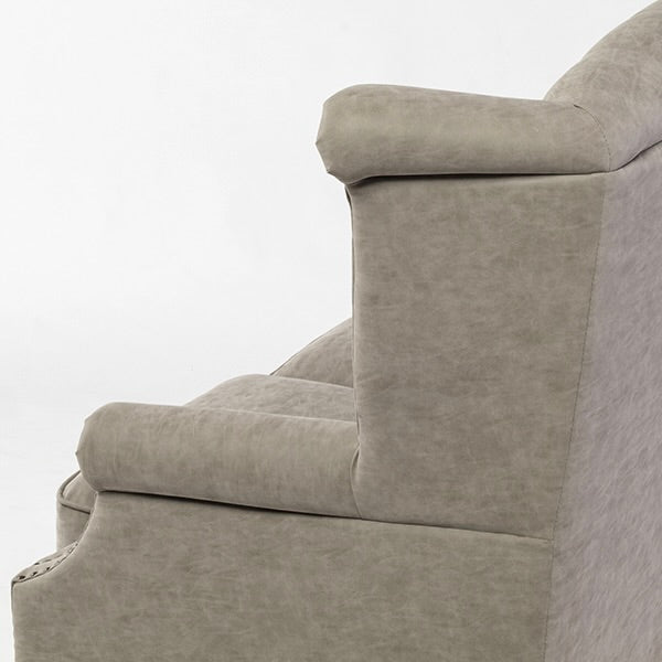 ライトグレーPUレザーチェスターフィールド3シーターウイングバックソファ