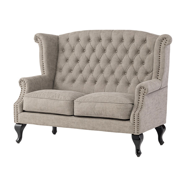 ライトグレーPUレザーチェスターフィールドウイングバックソファ