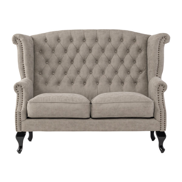 ライトグレーPUレザーチェスターフィールドウイングバックソファ