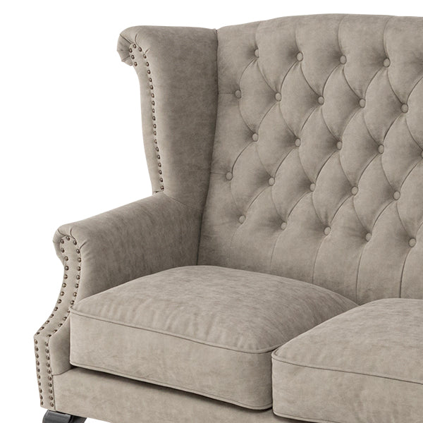 ライトグレーPUレザーチェスターフィールドウイングバックソファ