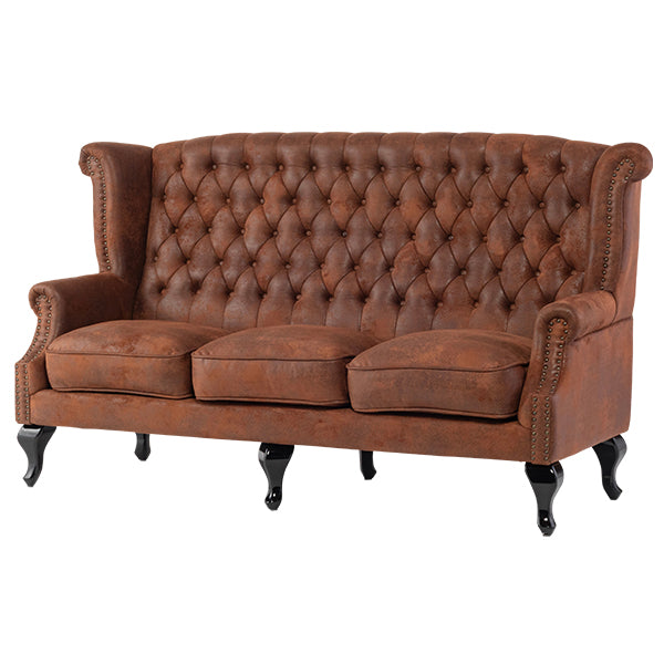 ヴィンテージレザー調ファブリックチェスターフィールド3シーターウイングバックソファ