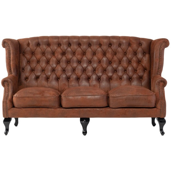 ヴィンテージレザー調ファブリックチェスターフィールド3シーターウイングバックソファ