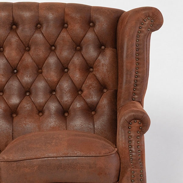 ヴィンテージレザー調ファブリックチェスターフィールド3シーターウイングバックソファ