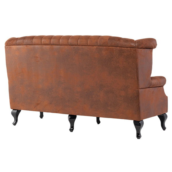 ヴィンテージレザー調ファブリックチェスターフィールド3シーターウイングバックソファ