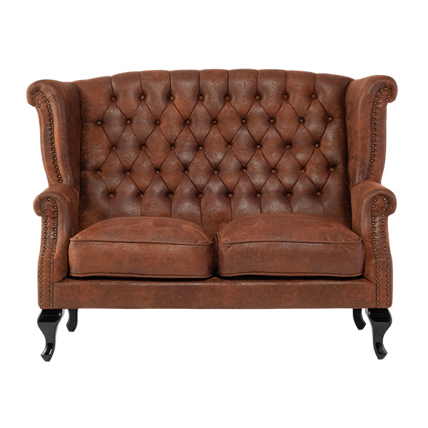 ヴィンテージレザー調ファブリックチェスターフィールドウイングバックソファ