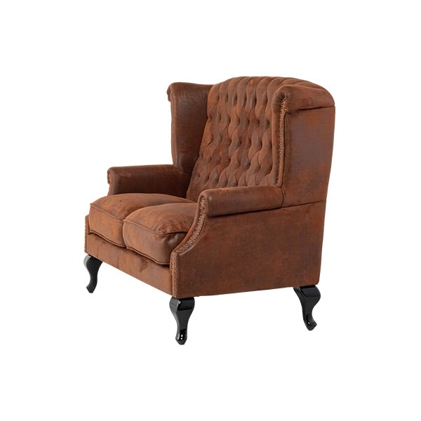 ヴィンテージレザー調ファブリックチェスターフィールドウイングバックソファ