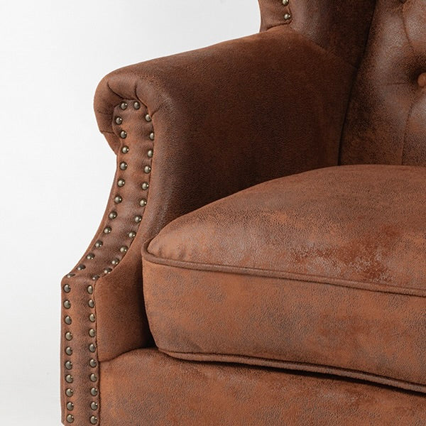 ヴィンテージレザー調ファブリックチェスターフィールドウイングバックソファ