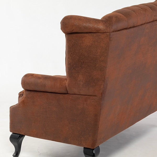 ヴィンテージレザー調ファブリックチェスターフィールドウイングバックソファ