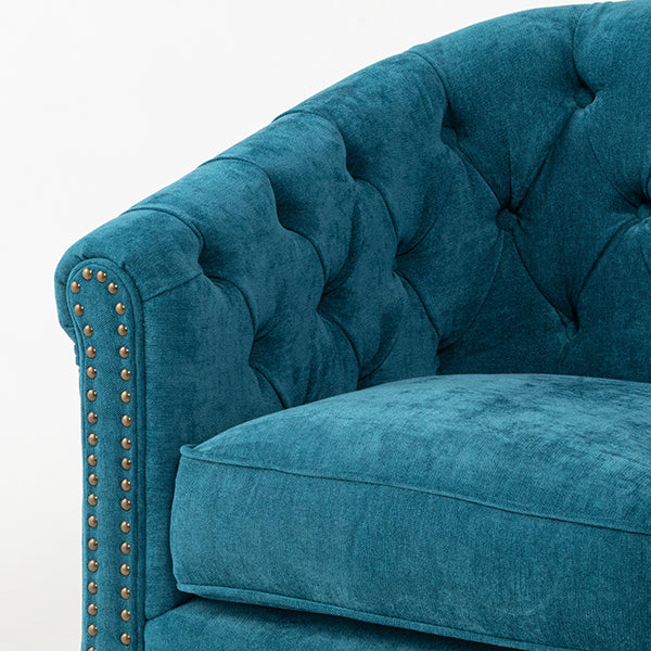 ブルーファブリックコンパクトチェスターフィールドラウンジ3シーターソファ　VINCENT