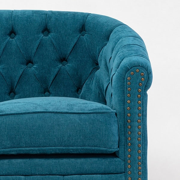 ブルーファブリックコンパクトチェスターフィールドラウンジ3シーターソファ　VINCENT