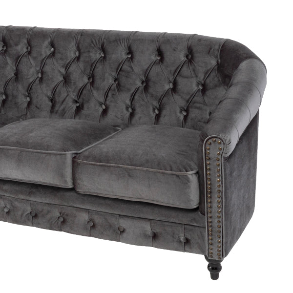 グレーベルベットコンパクトチェスターフィールドラウンジ3シーターソファ　VINCENT
