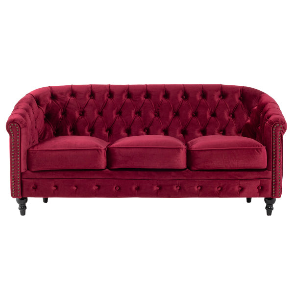 レッドベルベットコンパクトチェスターフィールドラウンジ3シーターソファ　VINCENT