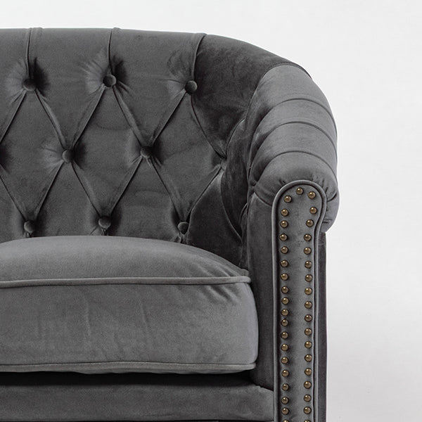 グレーベルベットコンパクトチェスターフィールドラウンジ3シーターソファ　VINCENT