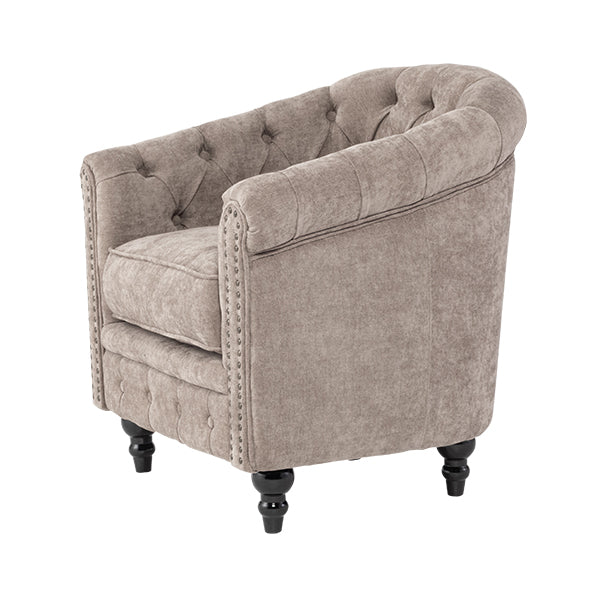 ライトグレーファブリックコンパクトチェスターフィールドラウンジシングルソファ　VINCENT