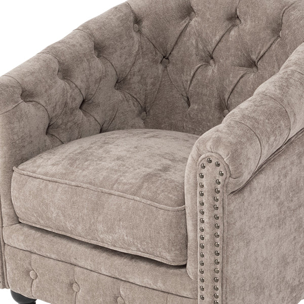 ライトグレーファブリックコンパクトチェスターフィールドラウンジシングルソファ　VINCENT