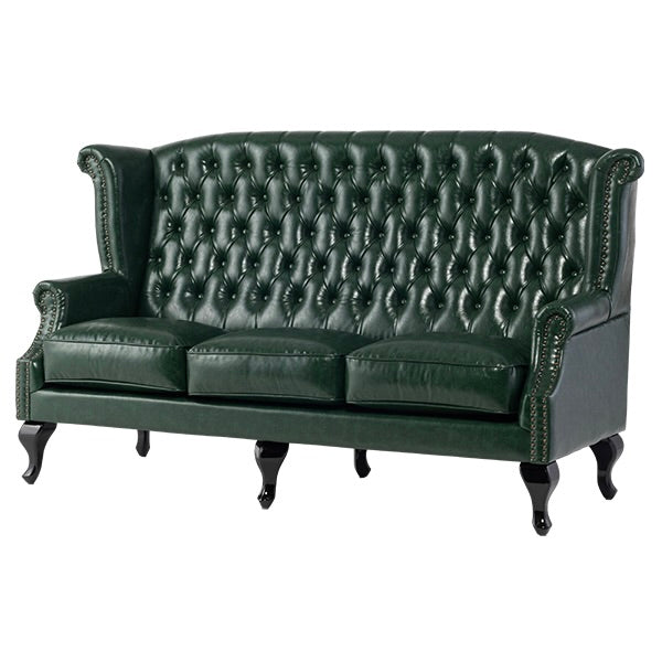 グリーンPUレザーチェスターフィールド3シーターウイングバックソファ
