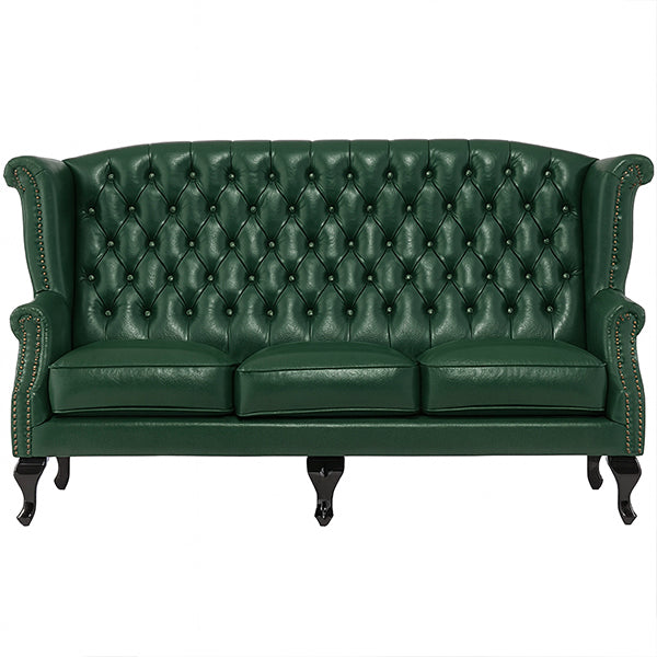 グリーンPUレザーチェスターフィールド3シーターウイングバックソファ