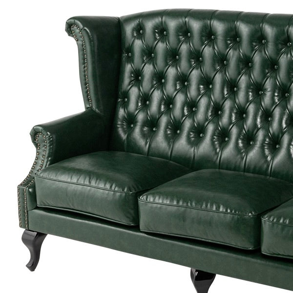 グリーンPUレザーチェスターフィールド3シーターウイングバックソファ